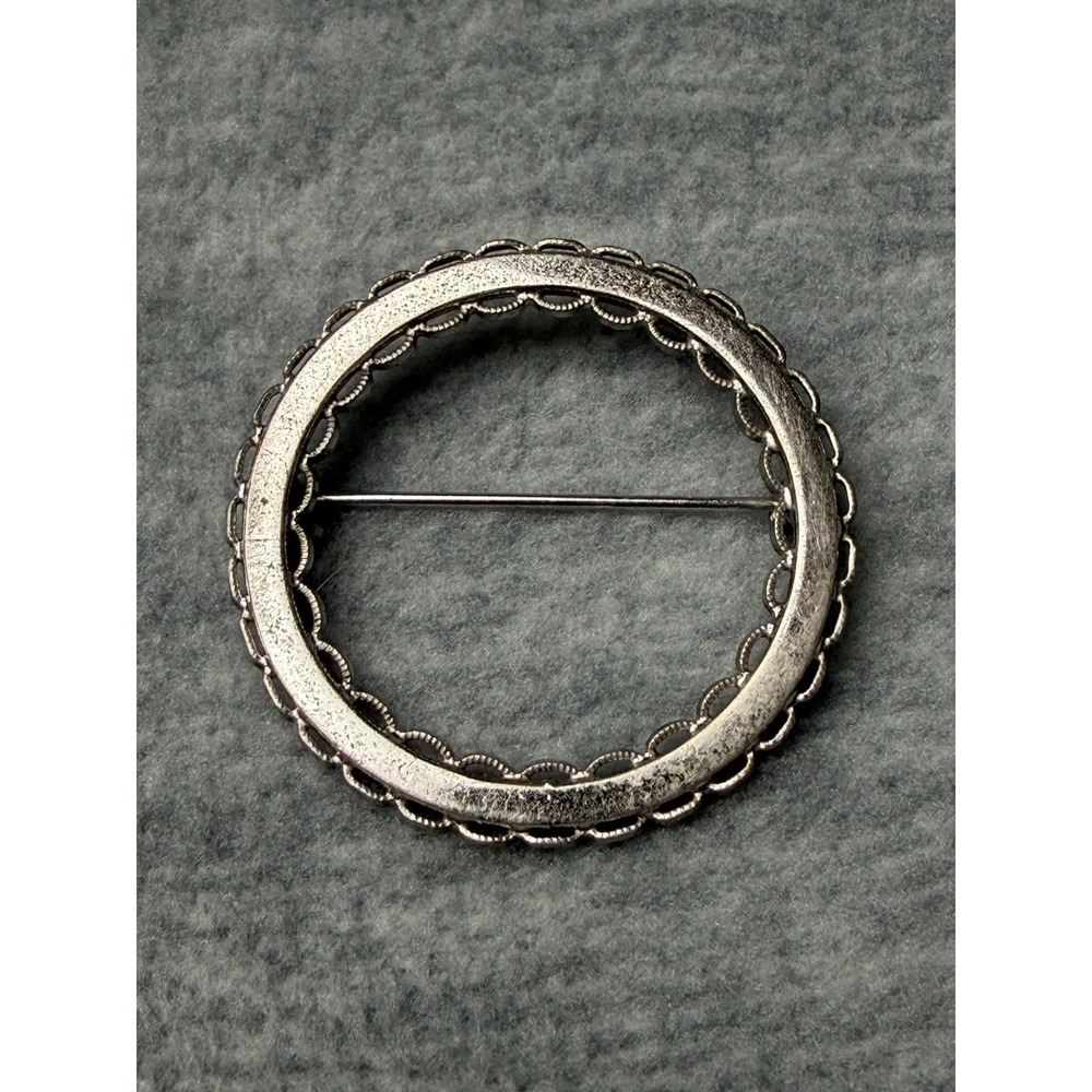 Sterling BEAU 1950s Scarf Brooch Open Cut Circle Etched Flower Minimalist